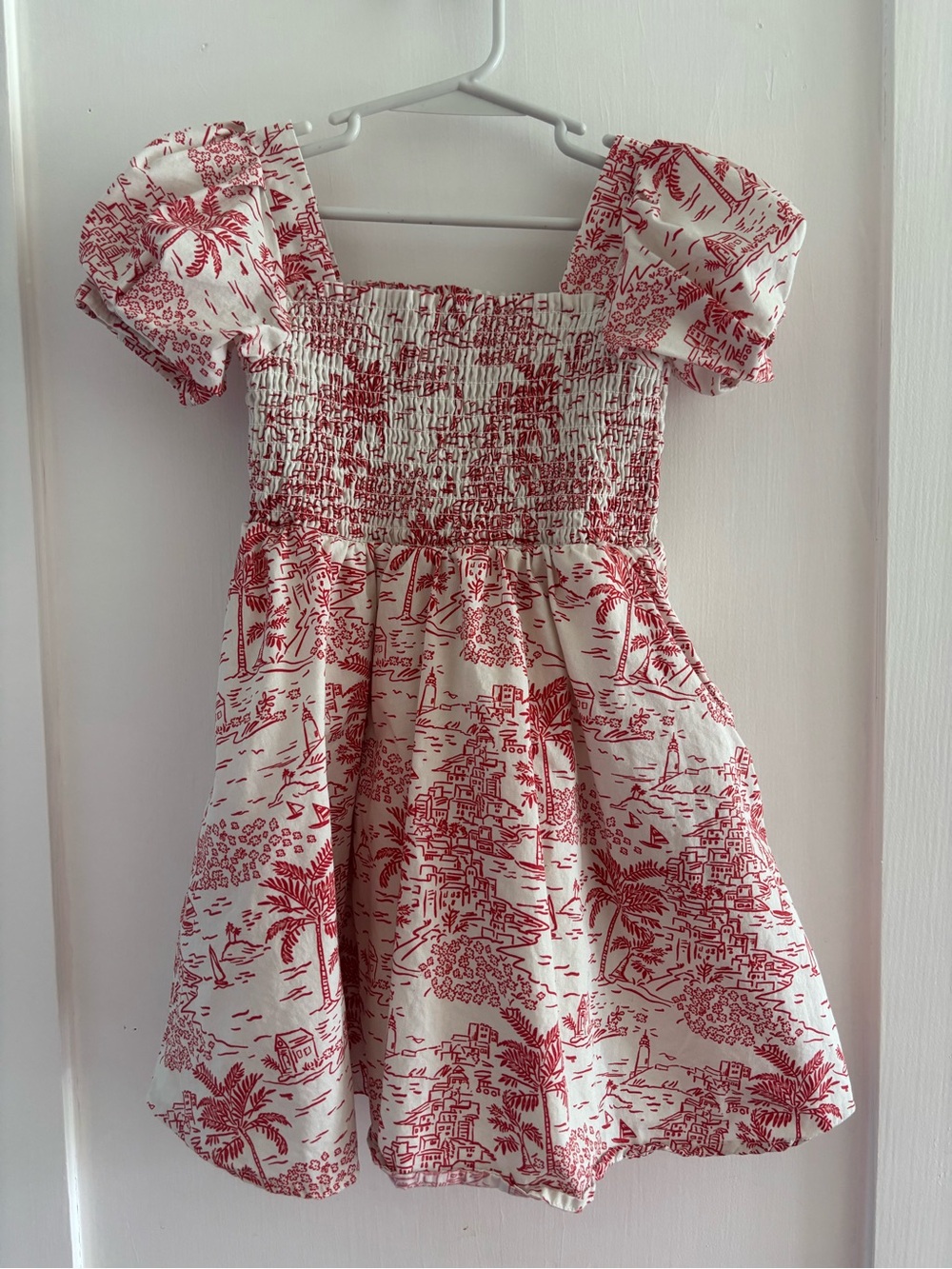 Maison Me Red Toile Smocked Puff-Sleeve Kids Dress—Sz 3T